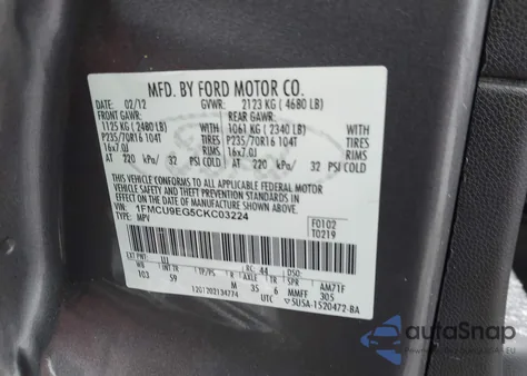 2012 Ford Escape Limited from USA, damaged, VIN 1FMCU9EG5CKC03224